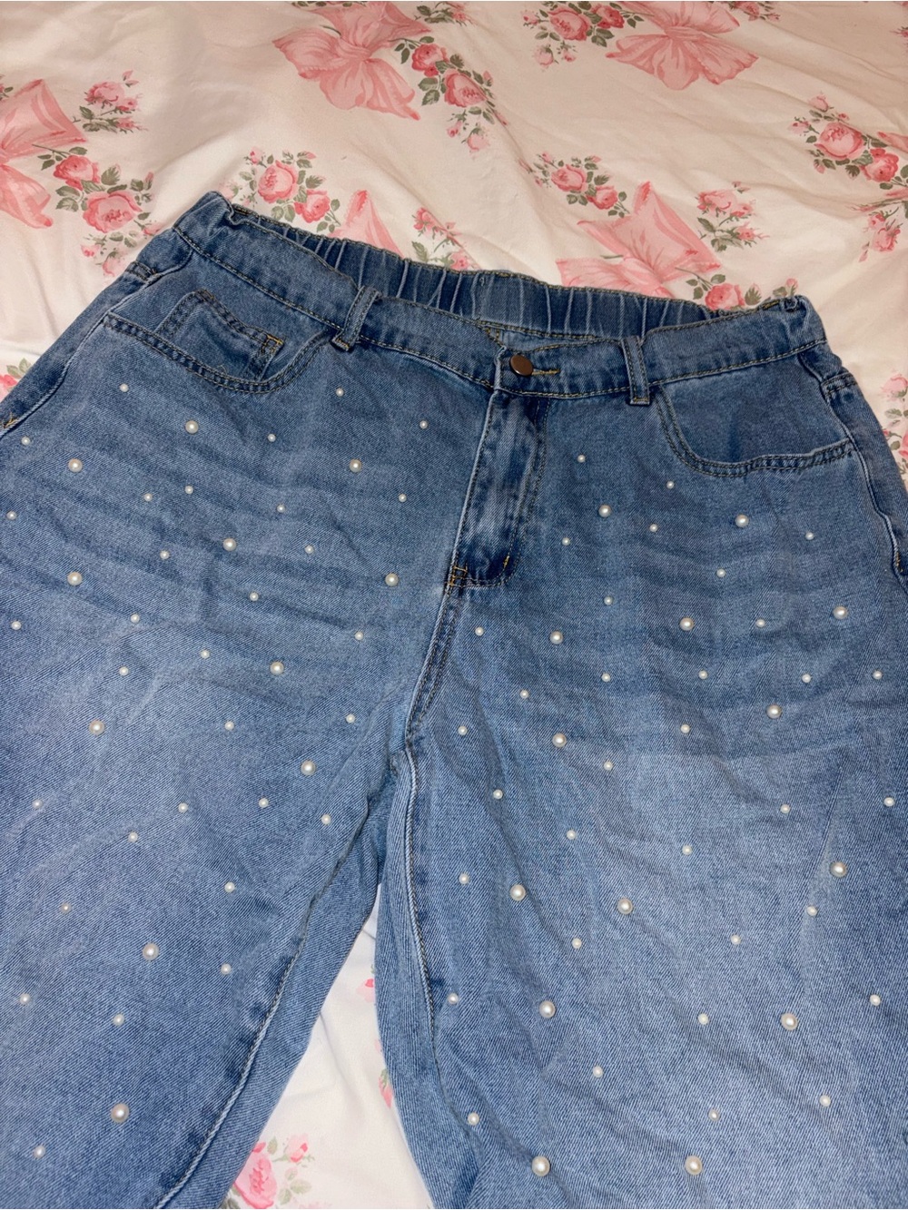 SHEIN Blue Pearl-Embellished Boyfriend Jeans